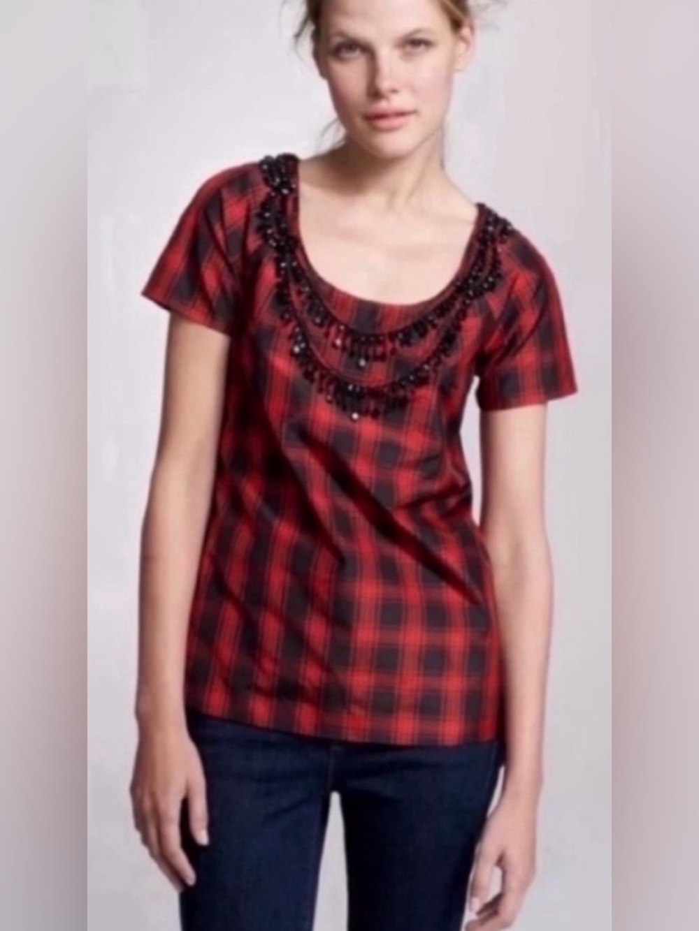 J. Crew Eliza shirt red black plaid silk beaded holiday tie back
